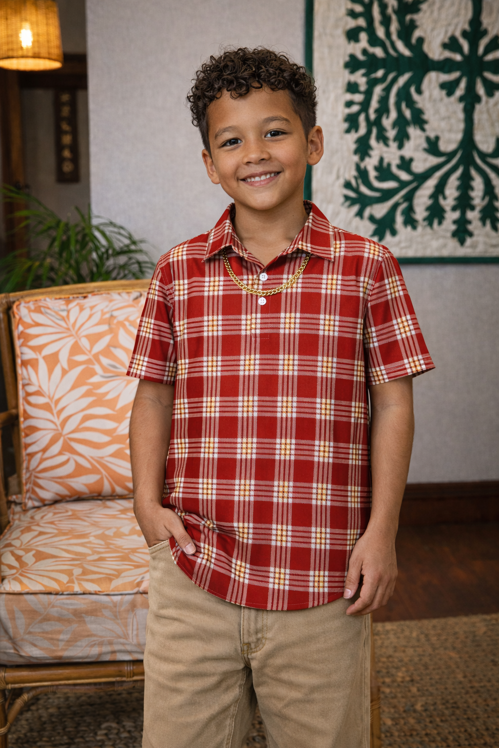 Child wearing a red plaid shirt standing in a room with a couch and decorative wall art.