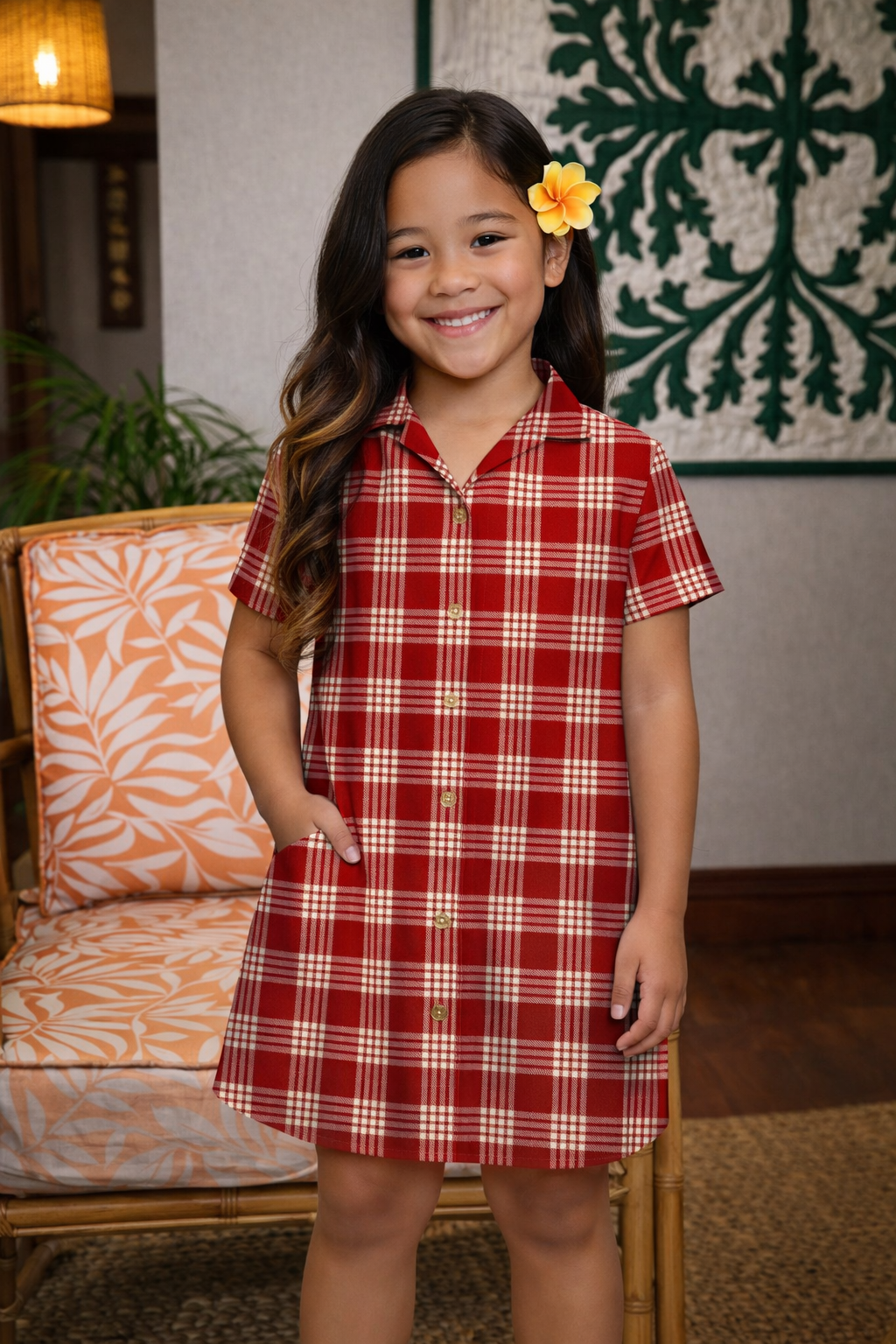 Young girl wearing a red plaid dress standing in a room with a patterned wall and orange chair.