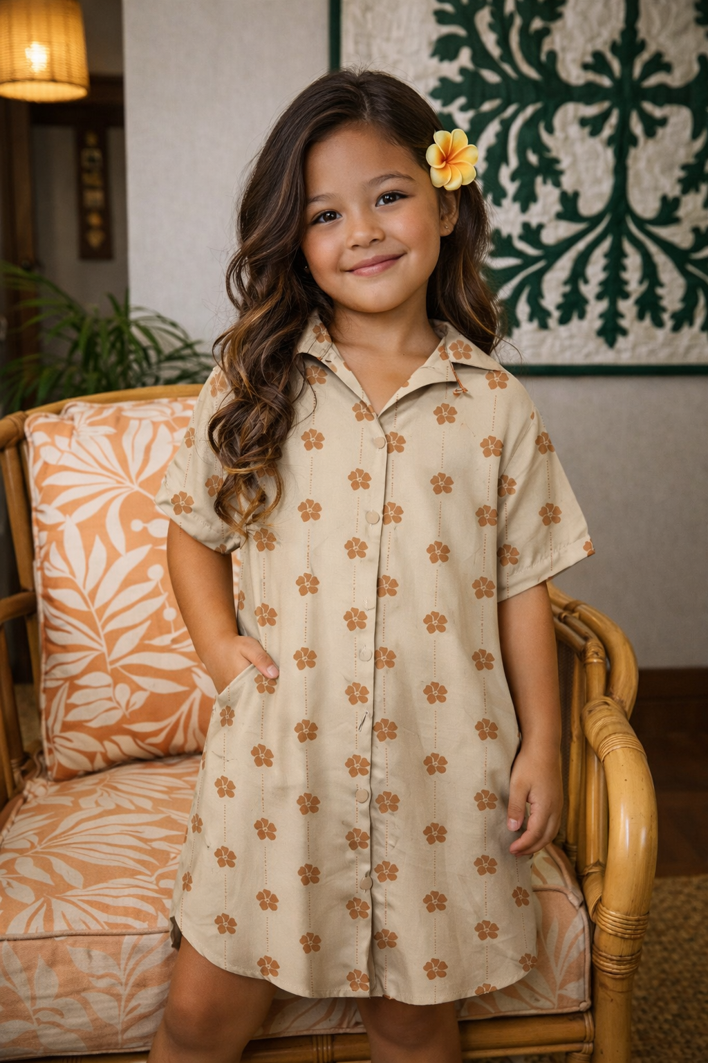 Young girl in a floral dress sitting on a wicker chair with a decorative pillow.