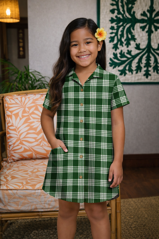 Young girl wearing a green plaid dress standing in a room with a couch and decorative wall art.